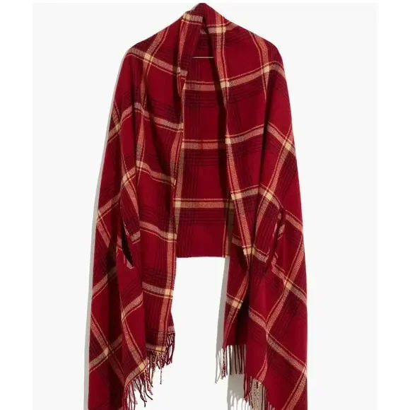 Madewell Red Tartan Plaid Cape Scarf Shawl Ruana - Picture 12 of 12